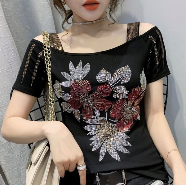 

beautiful back t-shirt short sleeve women european heavy industry sling jacket coat one shoulder sling leaves flower black t-shirt h, White