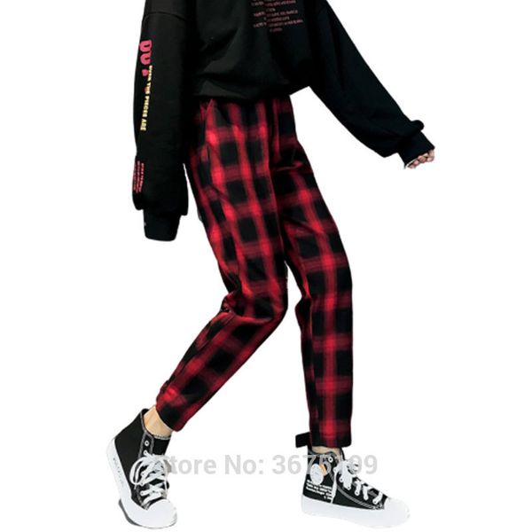 

harajuku red plaid hippie cargo women 2020 fashion vintage casual pants elastic waist woman trouses plus size 1017, Black;white
