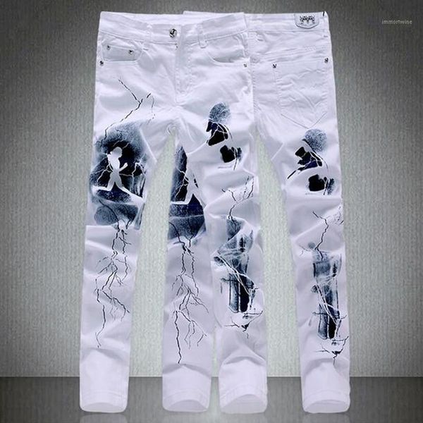 

wholesale-men's fashion slim fit letters paper print jeans male plus size casual white denim pants long trousers, Blue