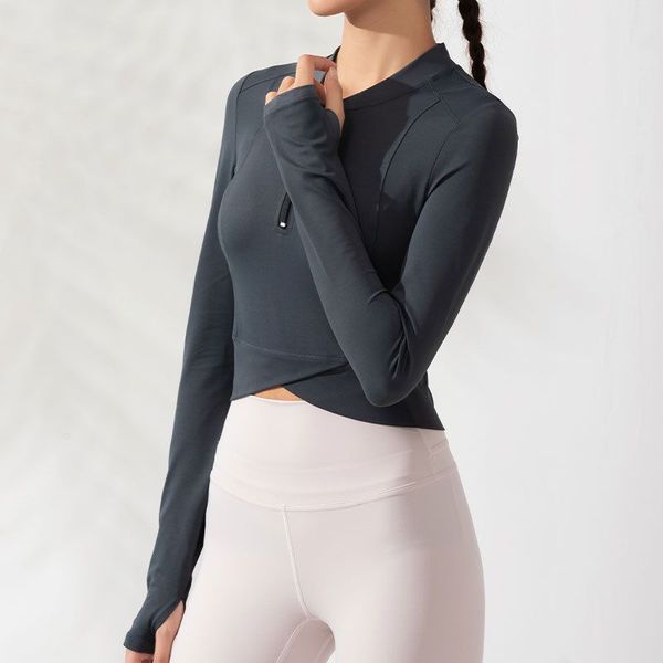 

front zip white crop fitness shirt women cross hem yoga jacket woman tshirts sportswear sports gym long sleeve blouse, White;red