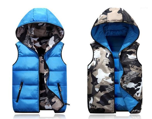 

autumn winter vest men both side wear thicken warm cotton-padded hooded camouflage printed waistcoat m-4xl1, Black;white
