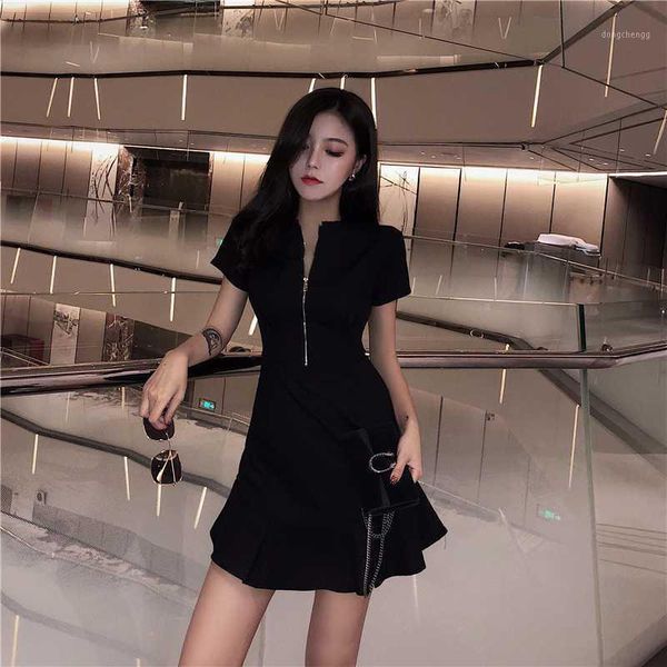 

gagarich elegant ruffles patchwork retro temperament dress women high waist hip a line solid vestido o neck short sleeve dresses1, Black;gray