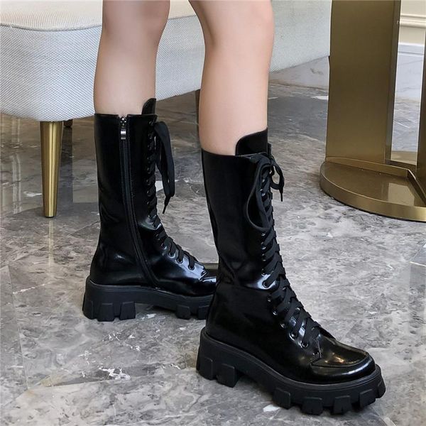

dilalula 2020 women genuine leather mid-calf boots fashion ladies motorcycle boots party shoes woman platform lace up1, Black