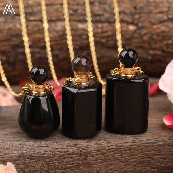 

natural black onyx stone faceted perfume bottle diffuser gold chains necklace women agates stones essential oil pendant necklace, Silver