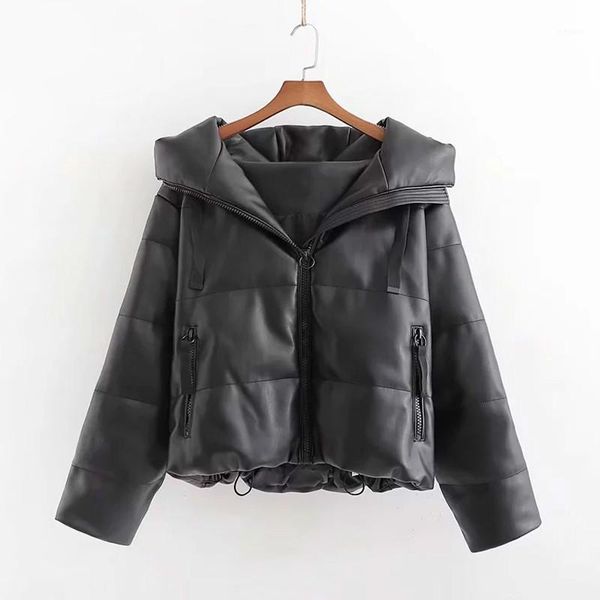 

winter pu leather parkas women hooded winter coats korean warm thick parkas mujer faux outwear1, Black