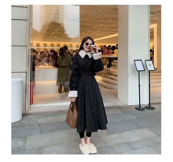 

2020 winter korean down cotton bread coat thick outerwear women's belt waist faux fur lapel warm jackets female1, Black