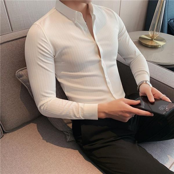 

gentlemen business formal wear striped shirts for men clothing 2021 simple slim fit long sleeve casual blouse homme, White;black