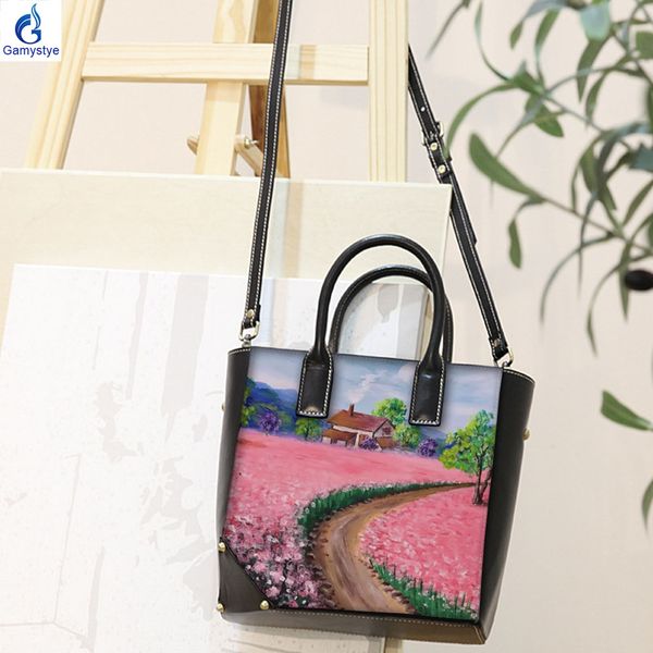 

oil painted 2020 new summer women fashion totes women genuine leather handbag casual tote art hand painted pink flowers hanada
