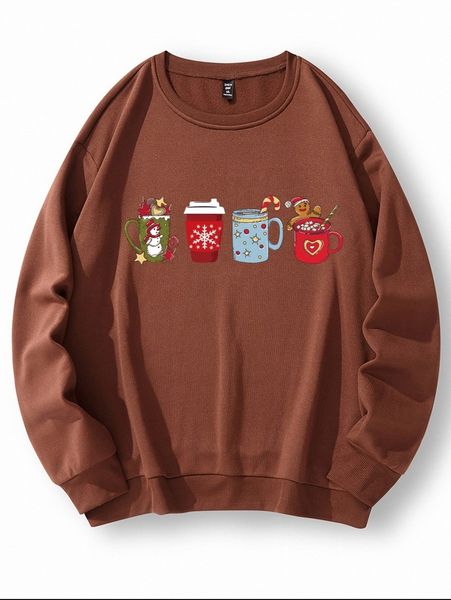 

plus christmas print thermal lined sweatshirt c9t1#, Black