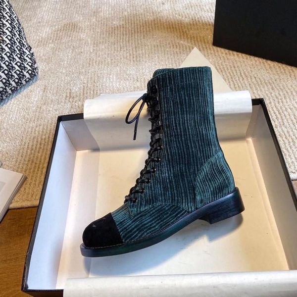 

lace up 2021 new arrival original designer corduroy green boots women flock round toe rome booties, Black