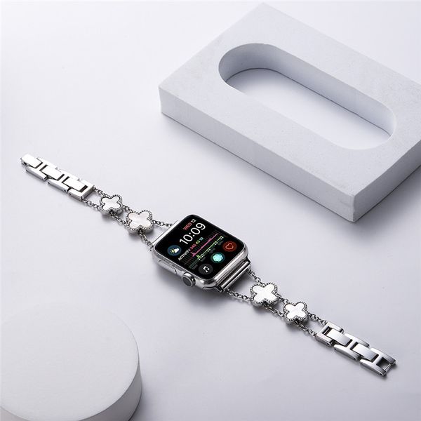 Modisches vierblättriges Kleeblatt-Diamant-Uhrenarmband, abnehmbares Metallarmband für Apple iWatch 7 SE 6/5/4/3 38 40 mm / 42 44 mm Armband