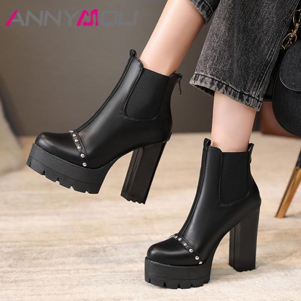 

annymoli platform ankle boots super high heel woman boots chunky heel short zip rivet ladies shoes autumn winter black 43