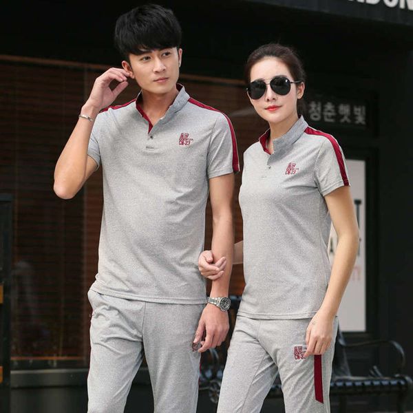 

new summer men's leisure sports 2020 couple short sleeve t-shirt pants running suit group purchase, Gray