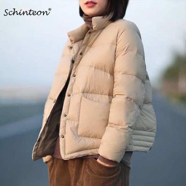 

schinteon down jacket women short white duck down outwear loose casual coat ultra light down jackets vintage autumn new arrival 201023, Black