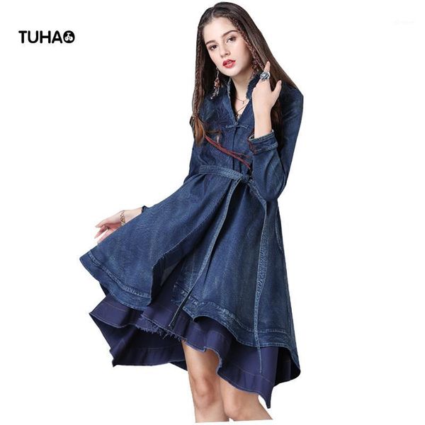

autumn skirt trench coat for women long sleeve floral embroidery vintage denim trench coats with sashes casacos #1706851, Tan;black