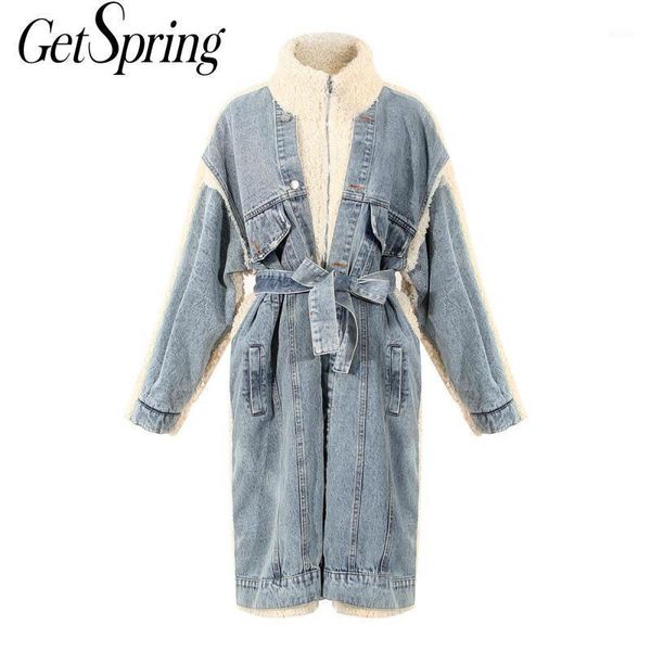 

getspring women winter coat denim stitched lamb hair faux fur coat women thickened loose long jacket irregular lace up overcoat1, Black