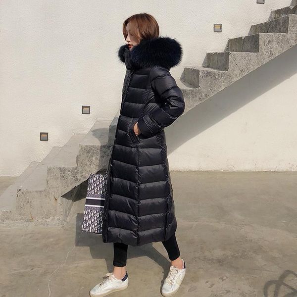 

tcyeek fashion winter down jacket women large fur hood korean fit down coat female long parka ladies elegant outwear hiver 190031, Black