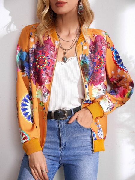 

emery rose floral print zip up bomber jacket h8pc#, Black;brown