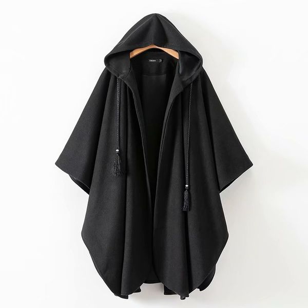 

winter cloak hooded trench coat thick woolen women gothic cape poncho coat open cardigans female tassel long trench overcoat lj201128, Tan;black