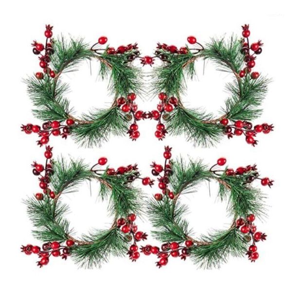 

decorative flowers & wreaths 4 pcs christmas candle rings snowy pine needles with artificial red berries table decoration1