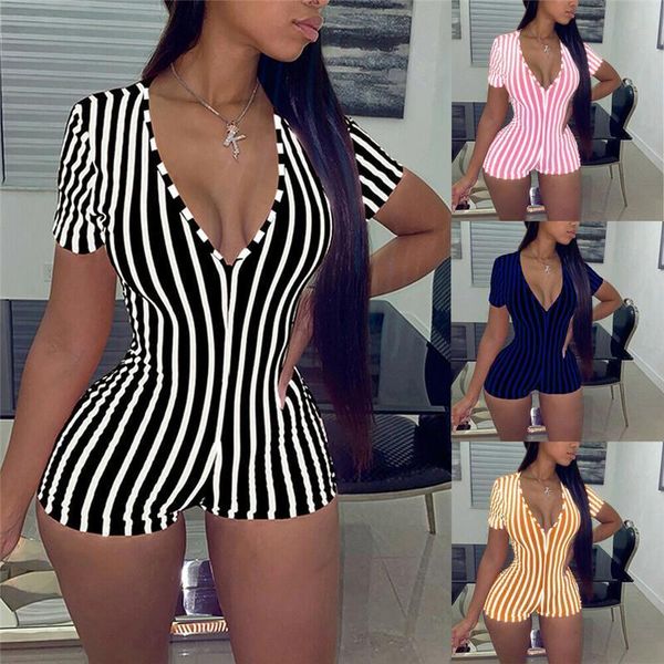 

2020 sexy женщин глубокий v-образный вырез bodycon комбинезон ползунки пижамы с коротким рукавом полосатой летний комбинезон short romper ко, Black;white