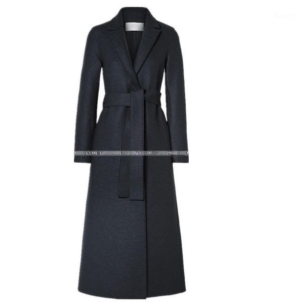 

2020 winter fashion one button loose x-long woolen coat women notched lapel belted wool blends coat1, Black