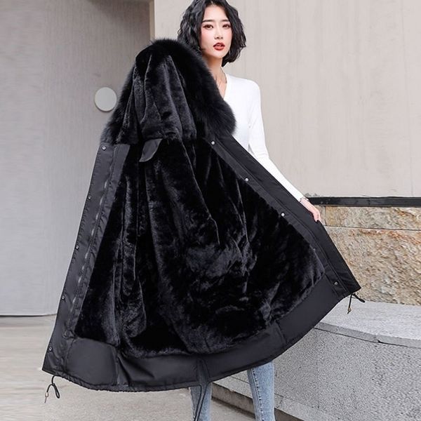 

2021 new father overcome beige female coat woman winter mid-length korean student big fur collar jacket kbxc, Black