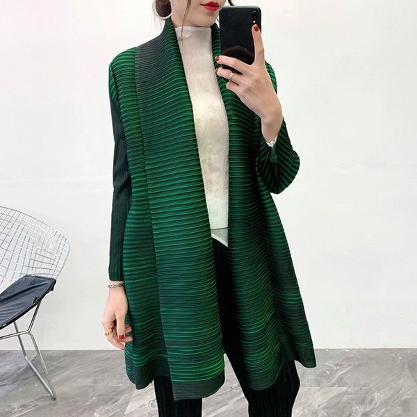 

lanmrem solid color scarf collar mid-length cardigan women new autumn korean loose pleated coat with belt pc78 201027, Tan;black