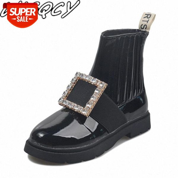 

2020 new women's short tube low heel casual women's boots quality shallow leather boots rhinestone set foot #kl1q, Black