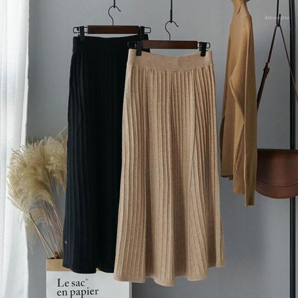 

knitted pleated skirts elastic high waist long skirts ladies office elegant faldas fall 2020 korean fashion streetwear1, White