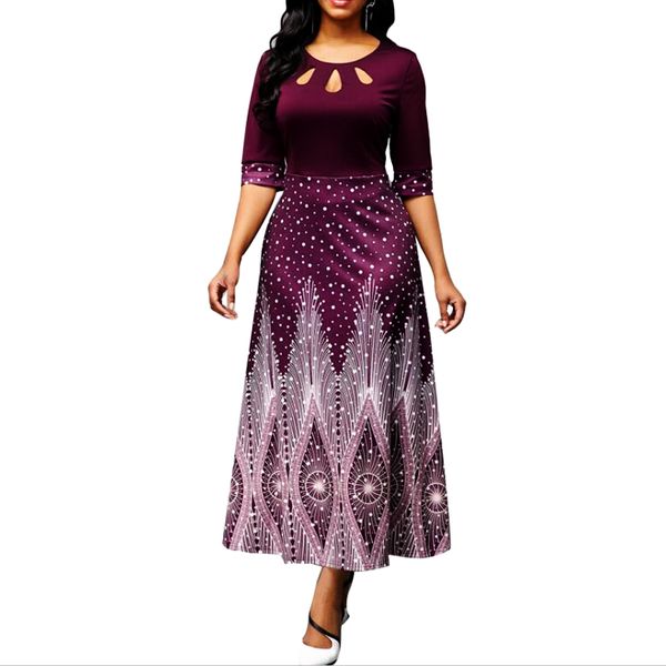 

woman dress 2021 spring casual plus size slim office long party dress vintage hollow out print ball gown maxi dresses 5xl y0118, Black;gray