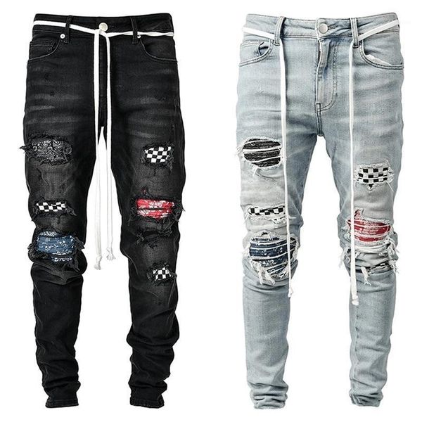 

2021 big size men's grid hole jeans casual summer autumn male ripped skinny trousers slim biker outwears pants 4xl1, Blue