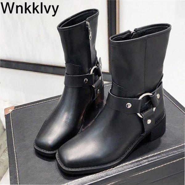 

women chunky mid heel motorcycle boots spaure toe real laeather metal belt buckle ankle botas winter short boots 2020, Black