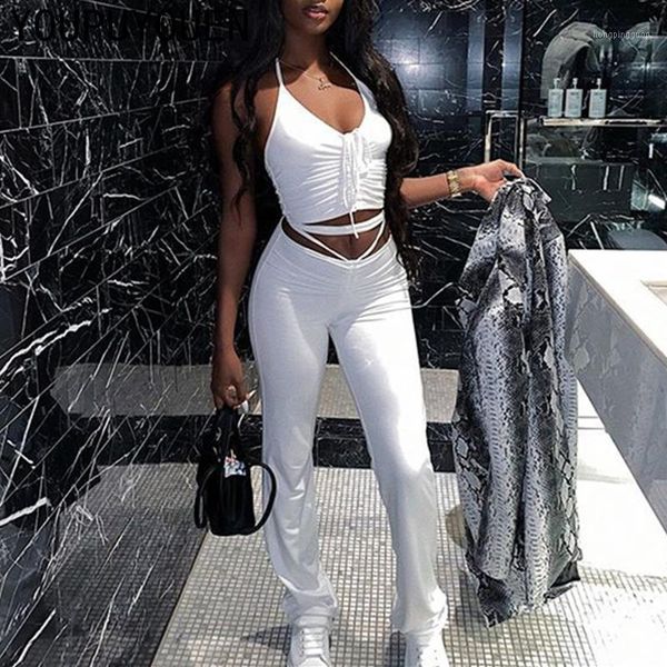 

2020 autumn women suit lace-up tube crop stretch trousers casual two pieces set fashion bodycon 2 piec outfit clothes1, Gray