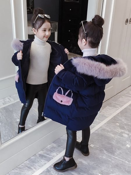 

2020 girl's cotton new padded winter clothes clothing medium and long coat foreign style golden velvet children's down, Blue;gray