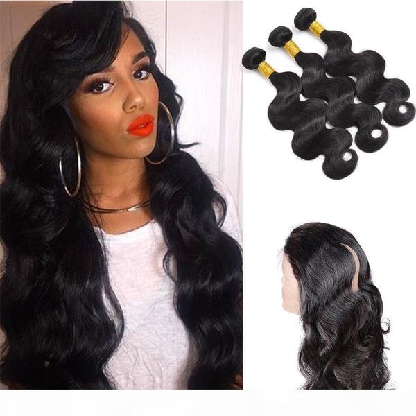

360 full lace frontal closure with 3 bundles brazilian virgin human hair weaves body wave peruvian indian malaysian cambodian wavy remy hair, Black;brown