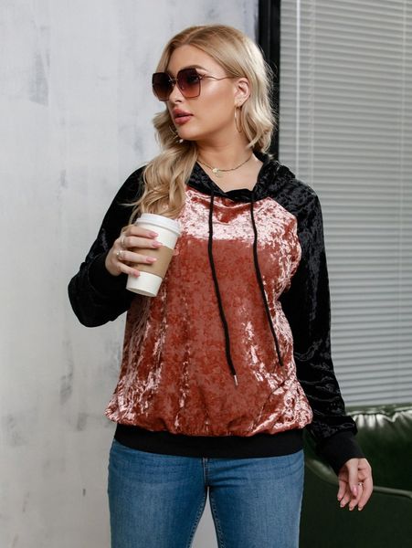

plus color block raglan sleeve drawstring velvet hoodie s7yf#, Black