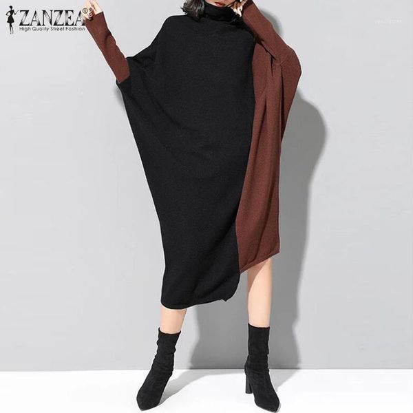 

womens stitching sundress zanzea 2020 kaftan turtleneck vestidos casual long sleeve tunic dress female o neck robe oversized1, Black;gray