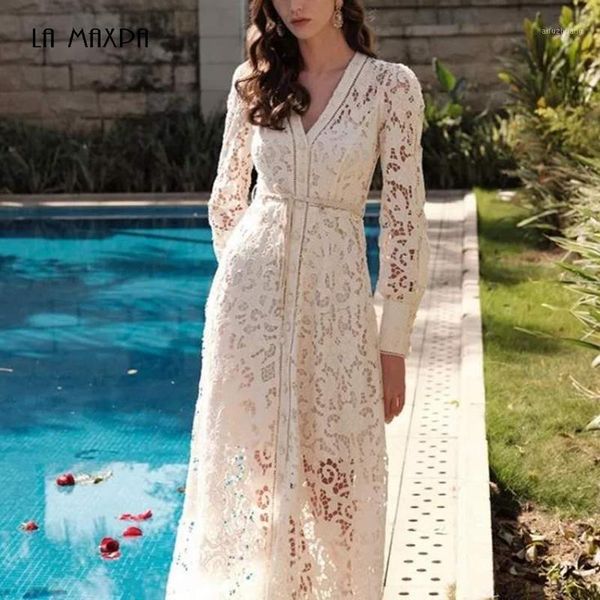 

summer 2020 new women's v-neck long sleeve hollow embroidery dress fashion celebrity club party long dress1, Black;gray