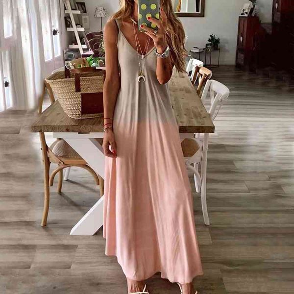 

woman dress summer beach casual gradient color v neck sleeveless a-line dress for women, Black;gray