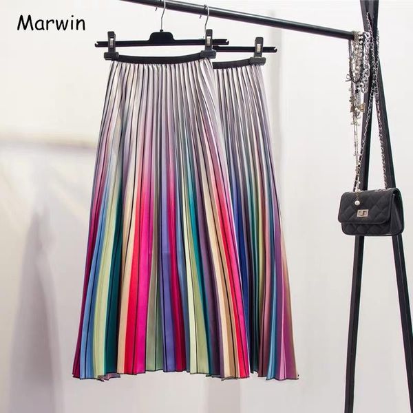 

spring new-coming women skirts rainbow striped a-line mid-calf skirts high street european style woman clothes1, Black