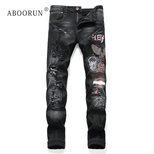

aboorun men's punk jeans fashion skull embroidery ripped jeans skinny pencil for male r1037, Blue