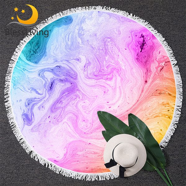 BLESSLIVER MARBLE COLORIDO GRANDE ROUND ROUND BEACH Toalha para adulto Pastel Quicksand Toalha de banho brilhante Cobertor Girly Blocket Cobertor 201027