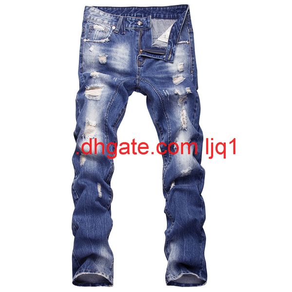 

2019 new men's jeans wash casual slim straight hole pants, Blue