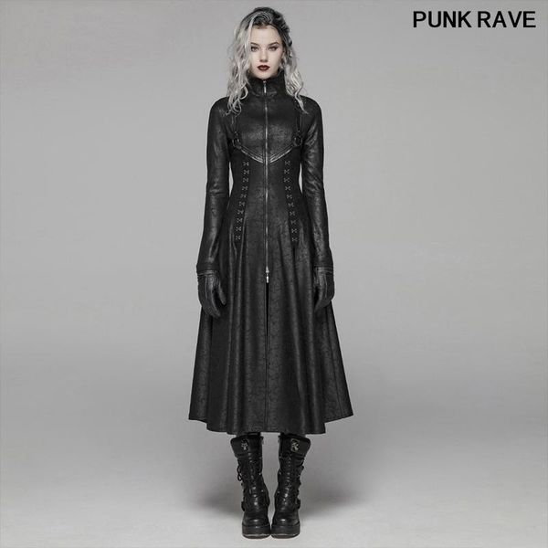 

punk stage performance bind women long overcoat gothic classic black zipper stand collar maxi trench jacket punk rave wy-1065xcf, Tan;black