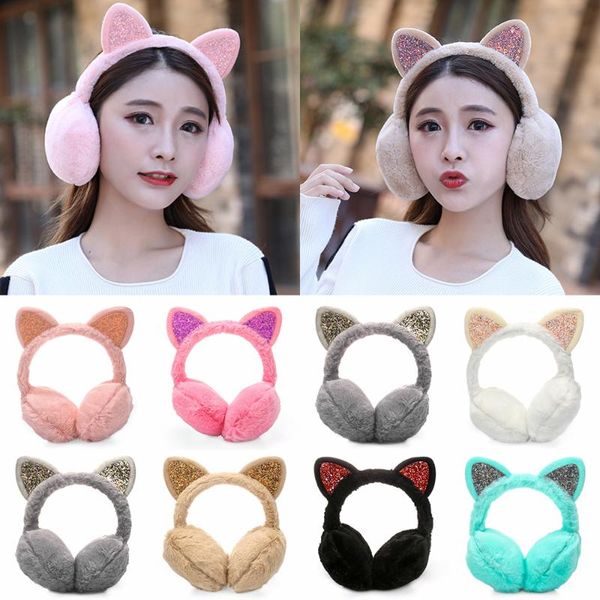 

1 pc women girls winter warm earmuffs cat ears cat ear ear warmers outdoor earmuff sequin earmuffs fluffy earflap headband, Blue;gray