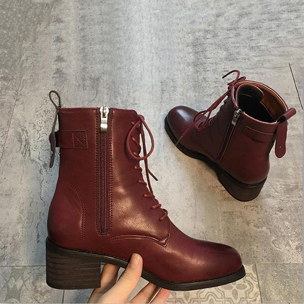 

back belt buckle motorcycle short boots woman solid leather botas british thick heels zipper ankle botines femme footwear 20201, Black