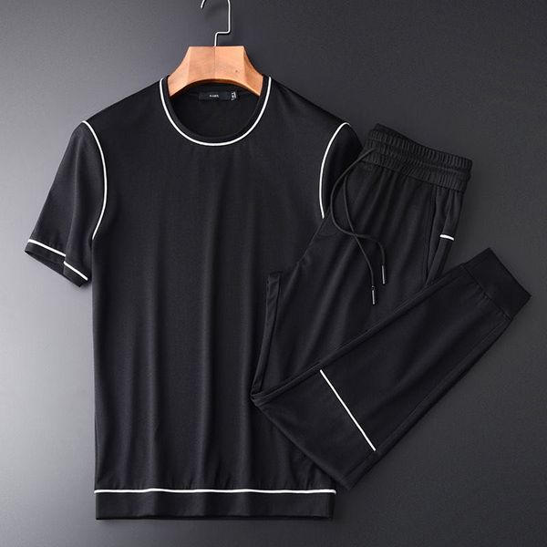 

gym clothing high-end silky fabric trim short-sleeved trousers casual sports suit men's summer t-shirt long pants two-piece, White;black