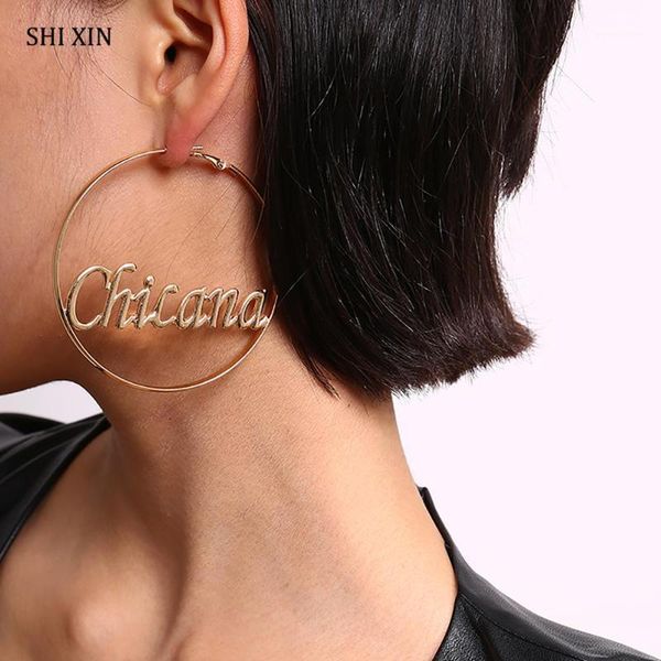 

shixin punk hyperbole big circle earring letter chicana personality hoop earring for women fashion jewelry oorbellen female gift1, Golden;silver