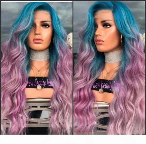 

new fashion peruca cabelo deep long body wave hair wigs celebrity style blue ombre pink purple synthetic lace front wig for women, Black